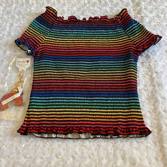 Beautees Girls Rainbow Colors Stretch Short Sleeve Top-L - Picture 5 of 7